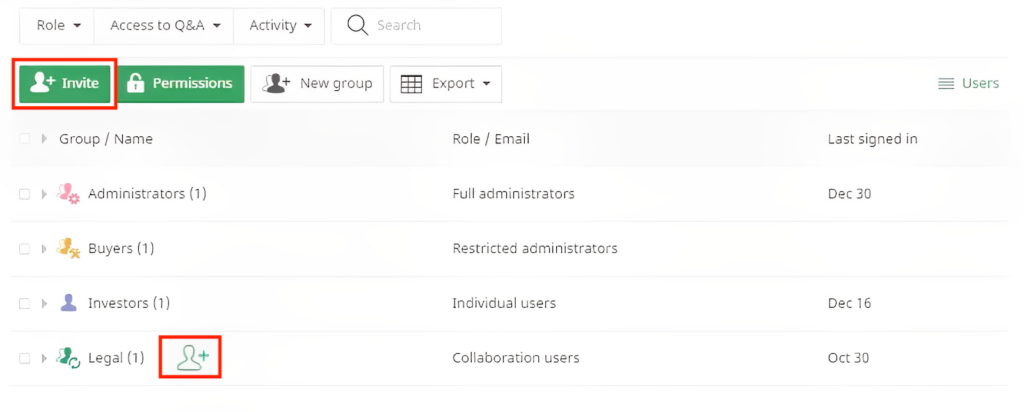 invite users to M&A data room