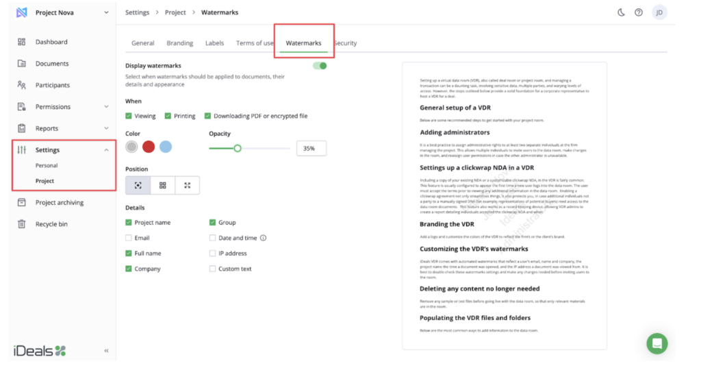 Virtual data room watermark settings